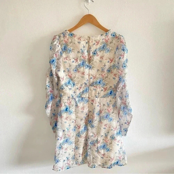 LULU'S Lovely Type Ivory Floral Print Puff Sleeve A-Line Mini Dress Sz Medium - Picture 8 of 13